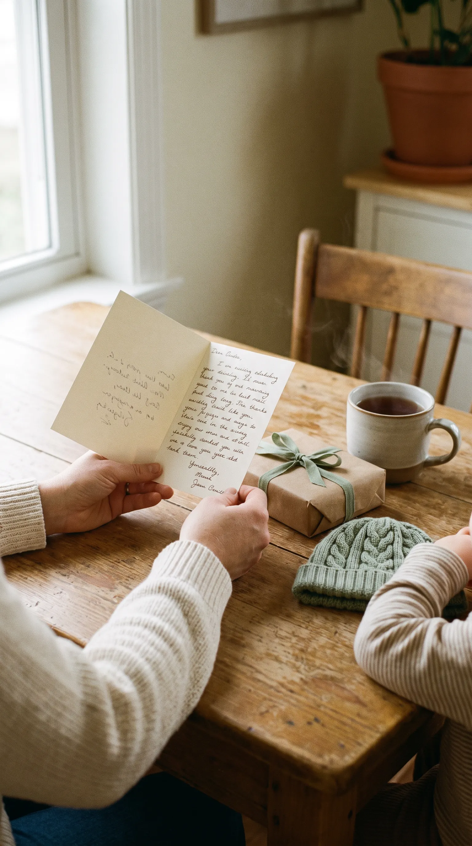 Hands holding a handwritten card next to a small wrapped present and a toddler’s knitted hat