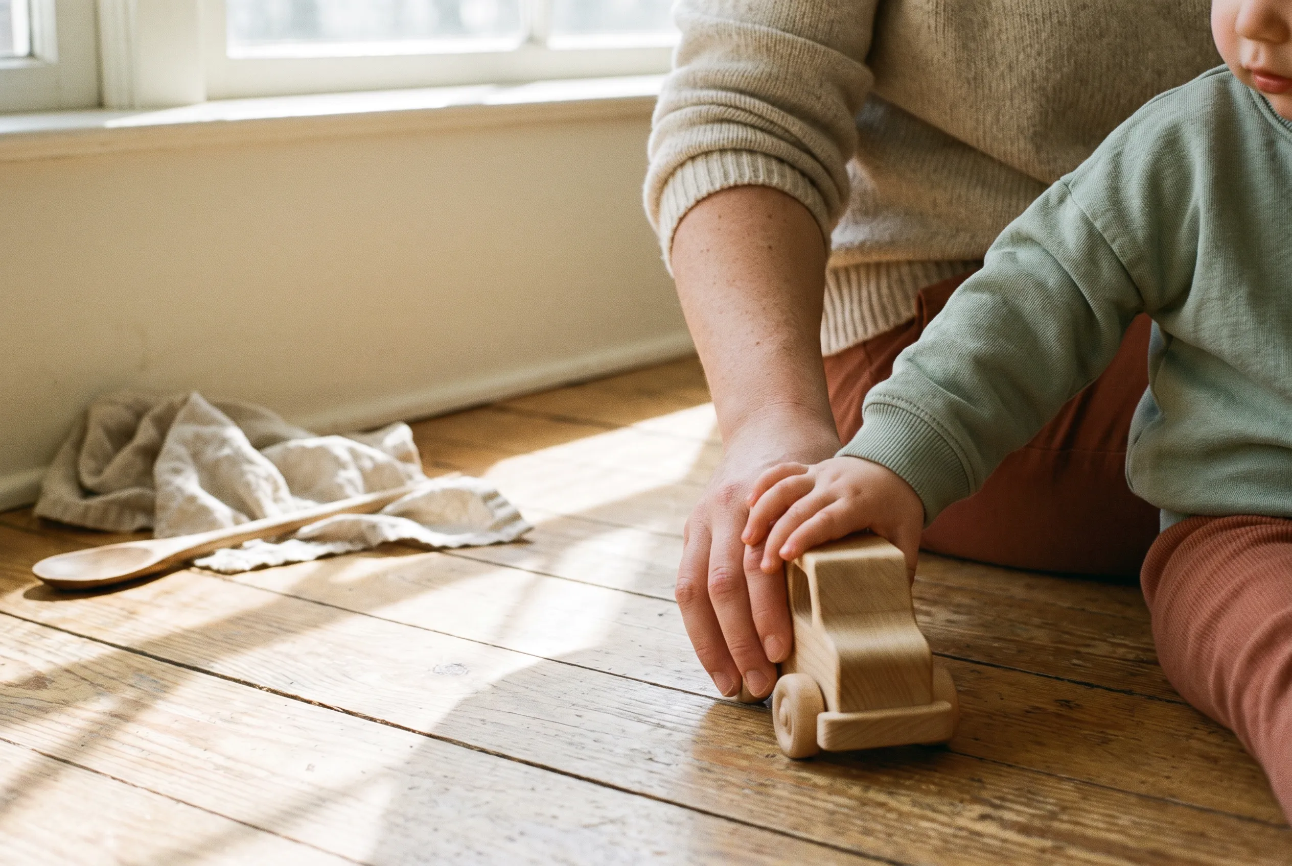 An adult’s hand and a toddler’s hand on a wooden toy truck on a sunlit kitchen floor