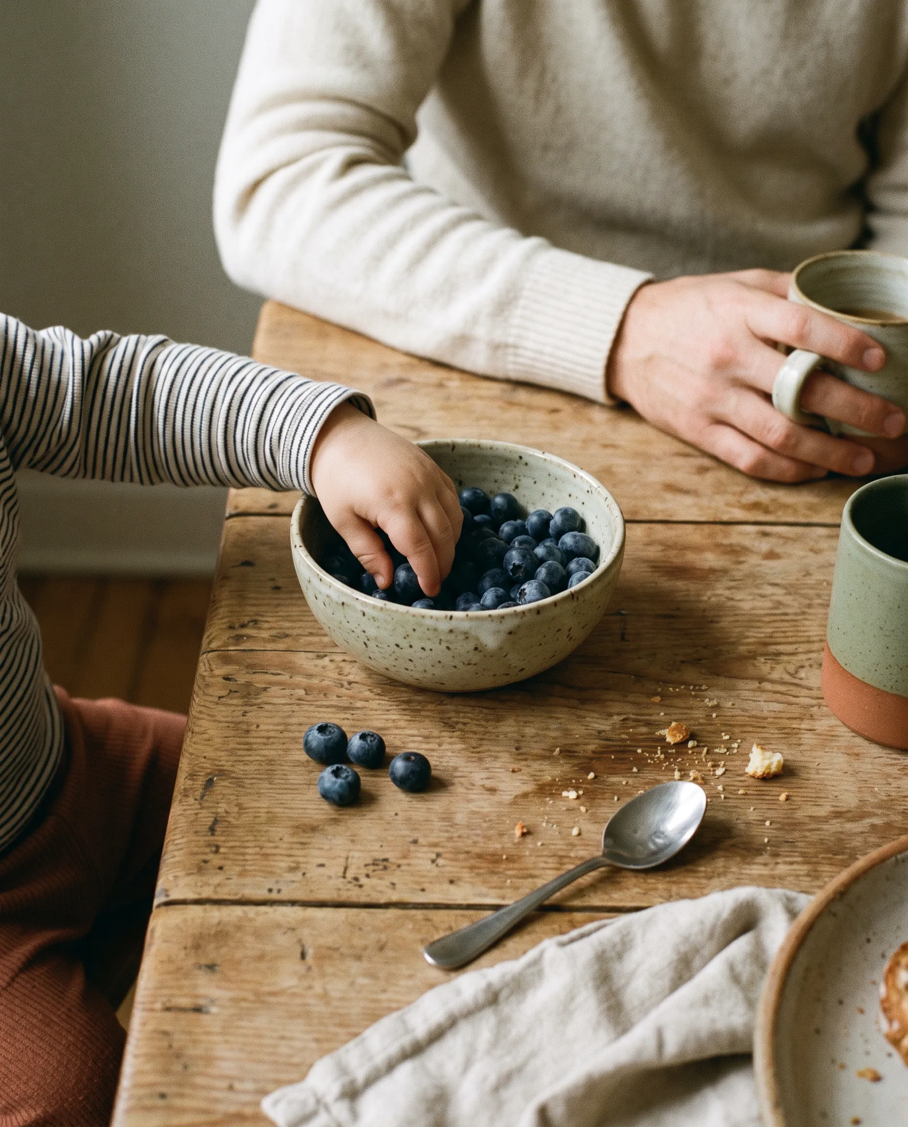 A toddler’s hand picking blueberries from a bowl at breakfast