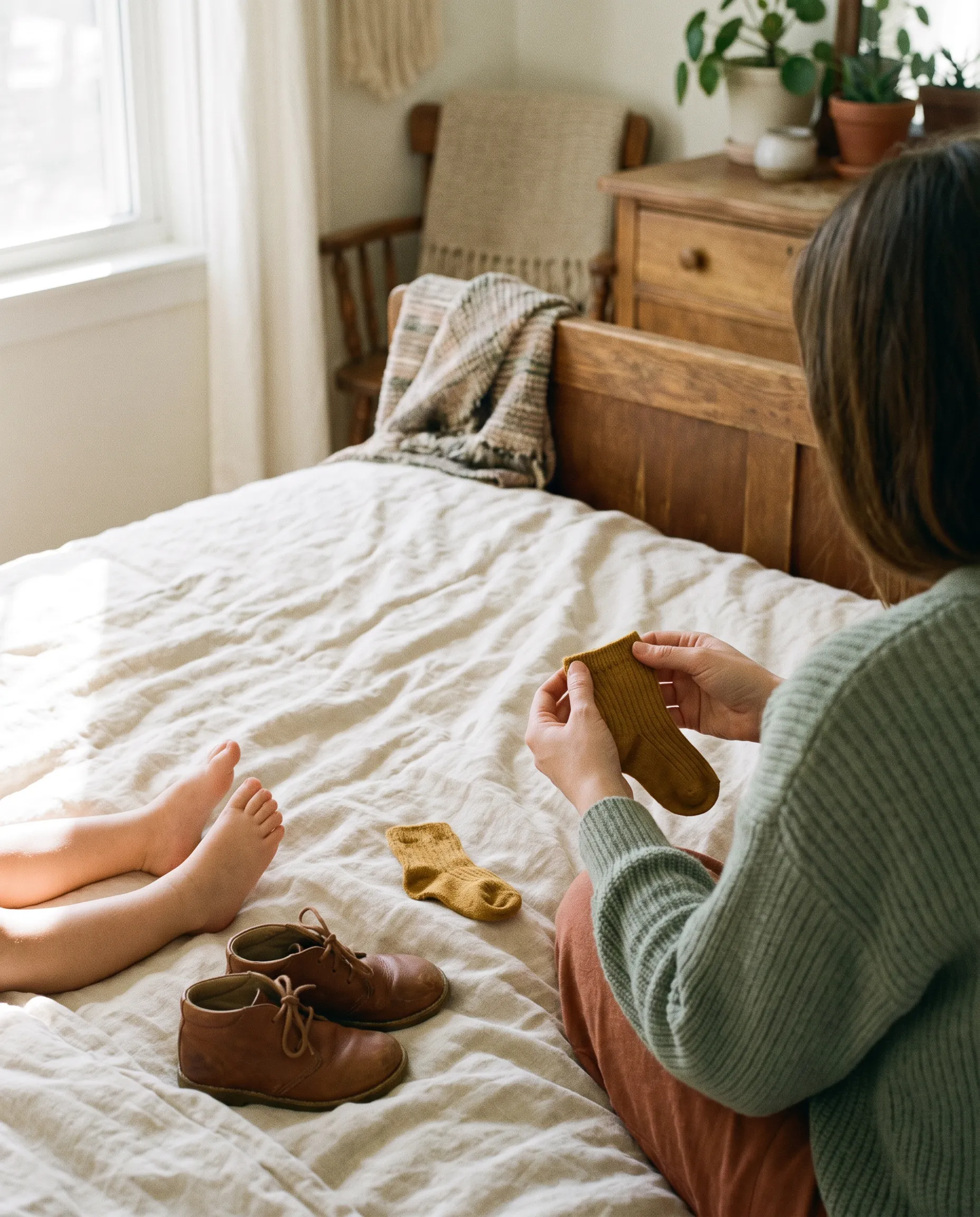 An adult holding open a small yellow sock for a toddler’s foot