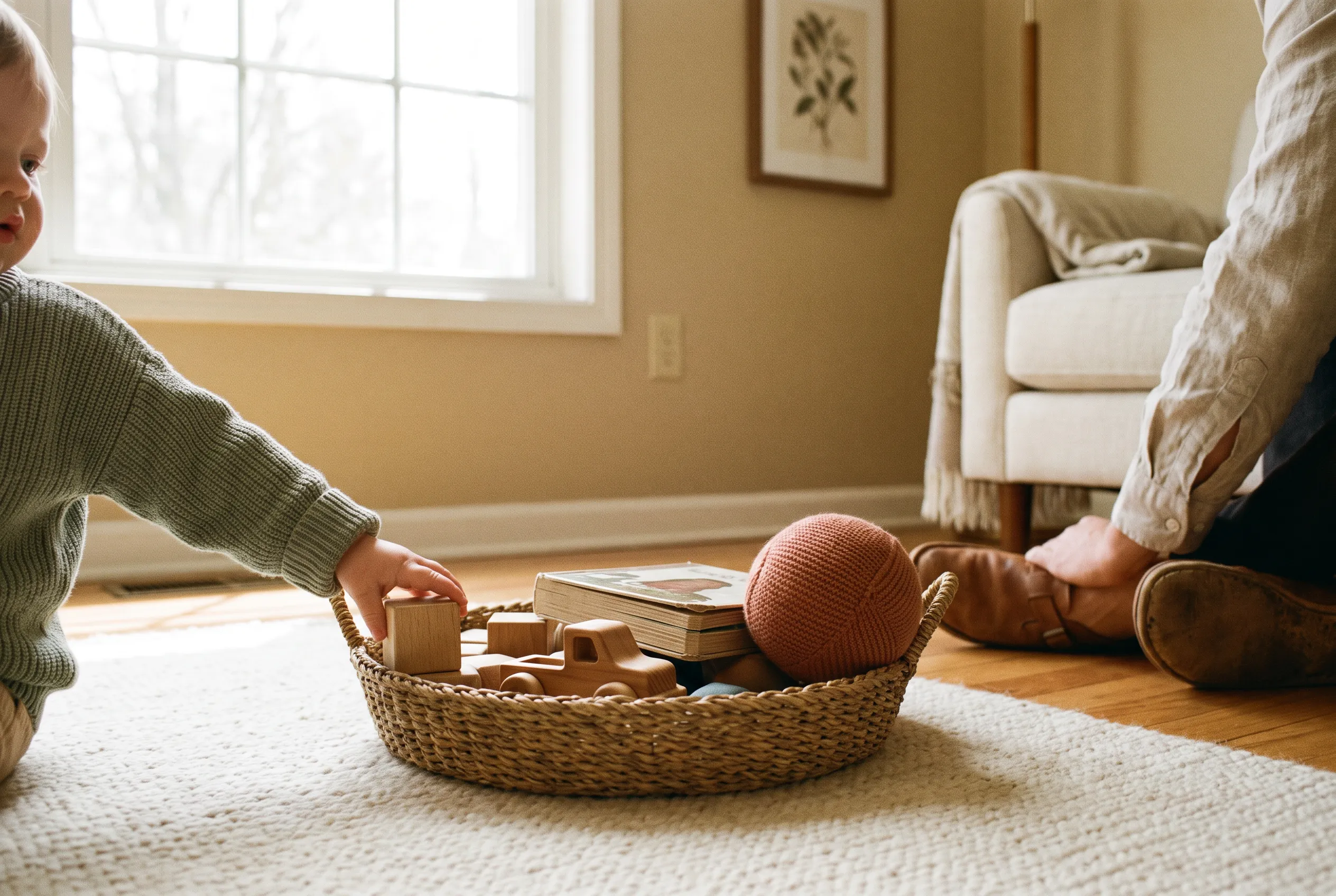 A basket of four simple toys on a rug, a small hand reaching in