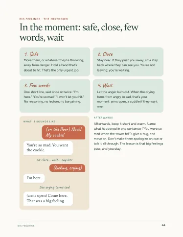 Sample page: Big feelings: safe, close, few words, wait